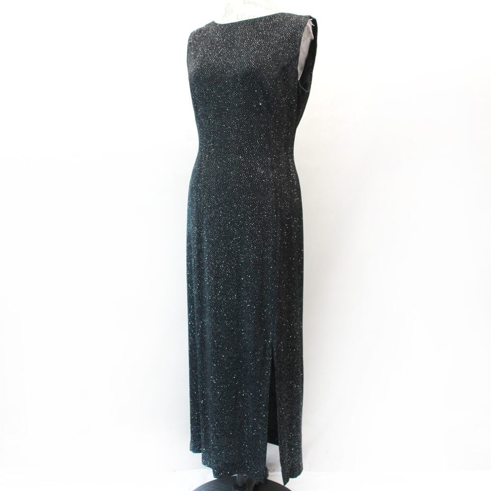 Jessica Howard Y2K black sparkly midi stretchy evening dress slits size 12